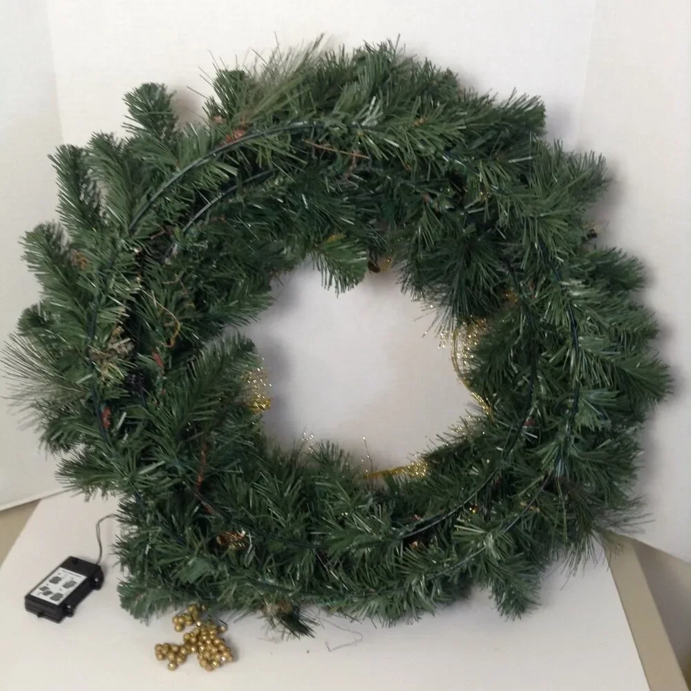 Christmas Wreath PreLit Green/Gold Pine Cones Balls Glamour Front Door Wall 23